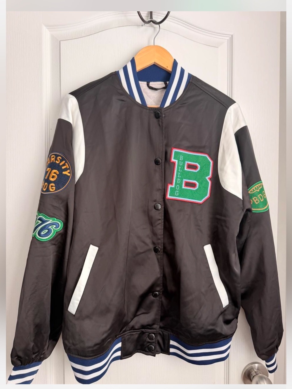 BDG Urban Outfitters Black & White Varsity Letterman Jacket with Green Patch